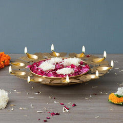 eCraftIndia Golden Metal Handcrafted Traditional Designer Urli with 9 Lotus Shape Diyas | Decorative Home Decor Centerpiece | Diwali, Pooja & Festive Decoration | Housewarming Gift