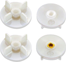 White plastic mixer coupler parts with central shafts; one has a gold screw insert