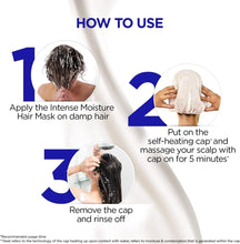 Self-heating hair spa mask cap shown during use on damp hair