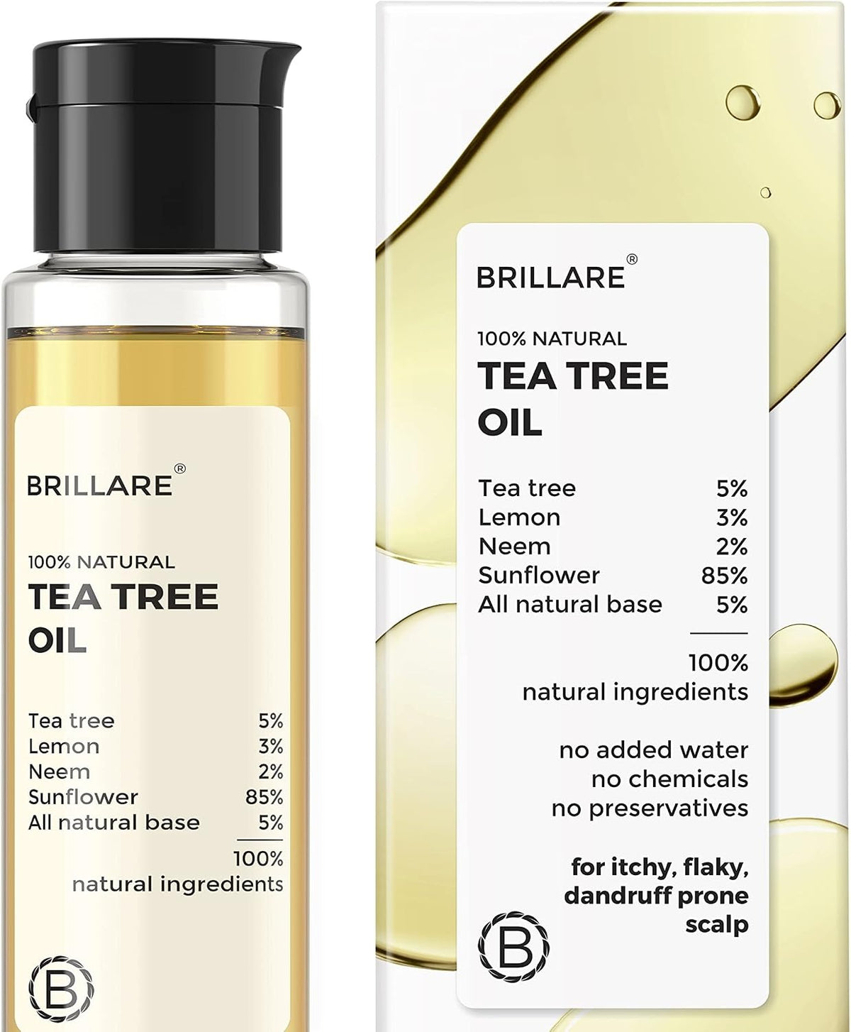 Brillare 5% Tea Tree Oil for Dandruff & Itchy Scalp – Natural Anti-Dandruff Hair Oil with Tea Tree, Lemon & Neem – Deep Cleansing Scalp Care