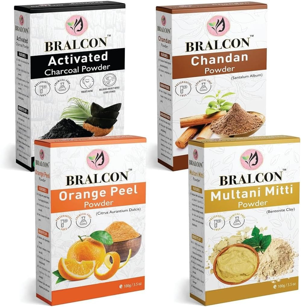 Bralcon Activated Charcoal, Chandan, Orange Peel & Multani Mitti Powder Combo – 400g (100g x 4) – Face Pack & Skin Care Powders
