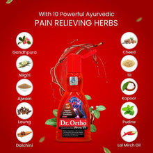 Ayurvedic massage oil bottle with herb icons around it; red liquid in red cap
