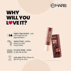 MARS Creamy Matte Long Lasting Lipstick for Women – Smooth, Lightweight & Highly Pigmented Formula – Single Swipe Application – Shade 08 Hip-Hop – 3.2g