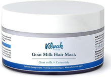Goat milk hair mask jar, white container with blue band and label