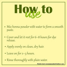 Henna powder use guide panel with mixing and rinsing instructions