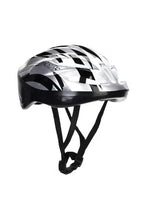 Black-and-white patterned helmet with chin straps