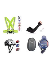 Scooter safety accessory set: patterned helmet, neon vest straps, gloves, security lock