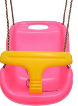 Pink baby swing with yellow front bar and hanging ropes, close-up front view