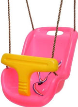 Pink baby swing with yellow front bar and hanging ropes, close-up front view