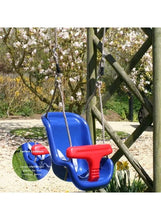 Blue baby swing seat with red bar and hanging ropes outdoors on a stand