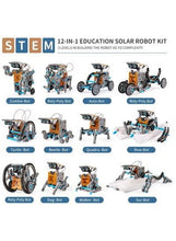 12-in-1 solar robot kit featuring multiple build options shown in a chart