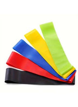 Stack of multicolour TPE resistance bands: red, blue, yellow, green, black
