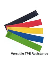 Colorful TPE resistance band set with black, red, yellow, blue, and green bands