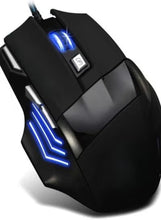 Black wired gaming mouse close-up with blue LED lighting and DPI badge