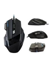 Black wired gaming mouse with multiple views: top, side, and front
