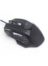 Black wired gaming mouse angled view with textured side grips