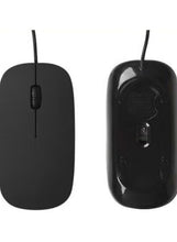 Black wired optical mouse, front and back views with side buttons and cable