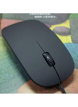 Black mini wired optical mouse, top view with scroll wheel and cable