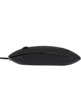 Black wired optical mouse, low-profile side view with scroll wheel area and cable