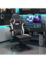 Black gaming chair with white panel stitching, headrest and recline