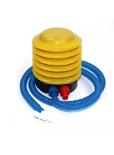 Inflatable penguin tumbler toy foot pump with blue hose and red nozzle