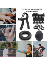 Black grip strengthener kit with spring handle, finger rings, and foam pads