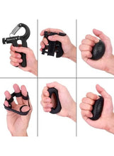 Black non-slip hand grip and foam finger exerciser set held in hands