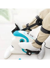 White mini pedal exerciser with teal pedal arms, black foot pedals, and control panel