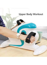 White mini pedal exerciser with teal frame, black straps, and control screen