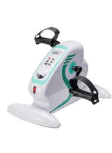 White and teal motorized mini pedal exerciser with black handle and control panel