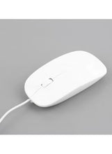 White wired optical computer mouse with scroll wheel and side buttons