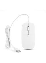White wired USB computer mouse with coiled cable and scroll wheel