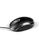Black wired optical mouse with scroll wheel detail, angled side view