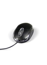 Black wired optical mouse viewed from above, cable exiting to the left