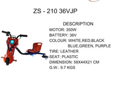Electric drift trike with red and multicolor graphics, black frame, blue-tinted tires