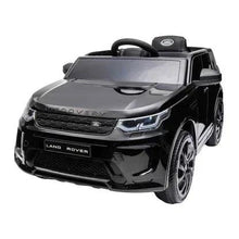 Black electric ride-on SUV with black wheels and grille, front three-quarter view