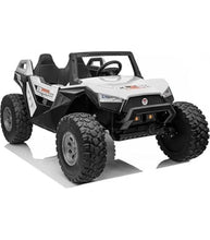 White/black electric ride-on UTV for kids, front view with steering wheel and lights