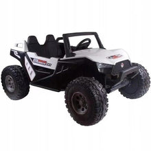 White/black electric ride-on UTV for kids, angled side view with rugged tread tires