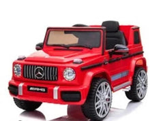 Kids electric ride-on car in red with black interior, front 3/4 view