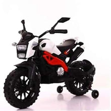 Kids electric ride-on motorcycle, white front fairing with red panel and black tires