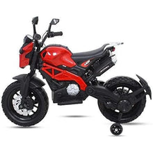 Kids electric ride-on motorcycle, red and black with handlebar lights and training wheels