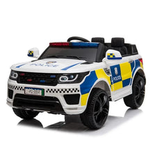 White kids electric police ride-on car with blue and yellow side decals, light bar