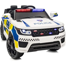 White kids electric police ride-on car with blue stripe, checkered trim, light bar on