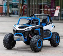 Blue and white kids ride-on off-road car with rubber tires and leather seat