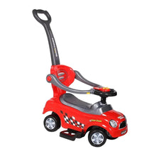 Red kids push ride-on car with tall handle, steering wheel, and seat