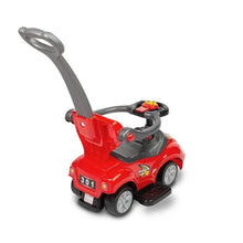 Red kids push ride-on car with handle and rear lights, back view