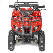 Red electric ATV quad bike with front guard, headlights, and chunky tread tires