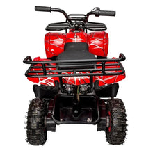 Red electric ATV quad bike rear view with cargo rack, seat, and knobby tires