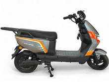 Electric scooter side view, black seat and deck with orange stripe graphics
