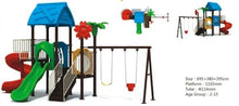 Kids outdoor playground set with slide, swing bar, and activity panel